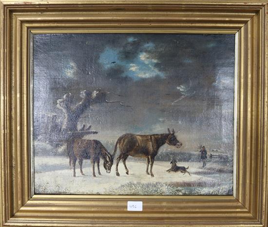 19th century English school Donkeys in a winter landscape 14 x 17ins